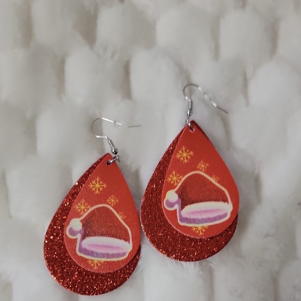 Festive Red Santa Hat Glitter Earrings